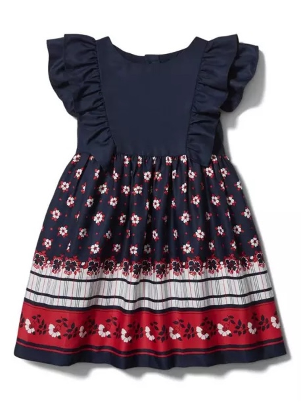 Janie and Jack Navy Ruffle Floral Border Dress with Red Accents